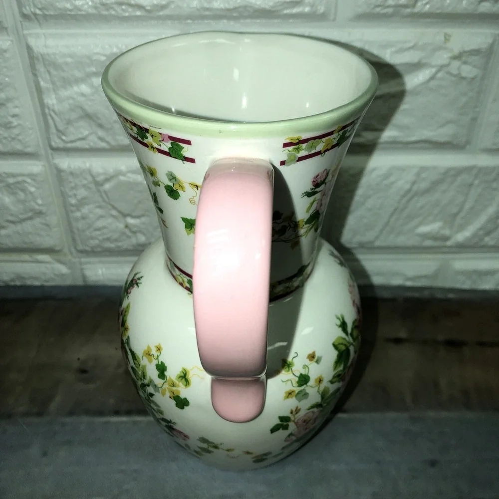 Vintage Laura Ashley Home Pink Roses Pitcher‎ Vase 7 1/2